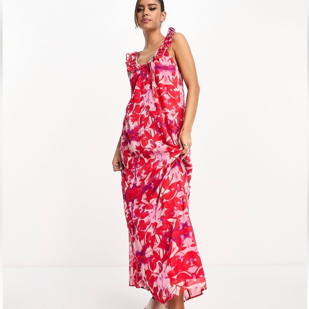 River Island Tie-Back Frill Strap Midi Dress in Pink Floral
